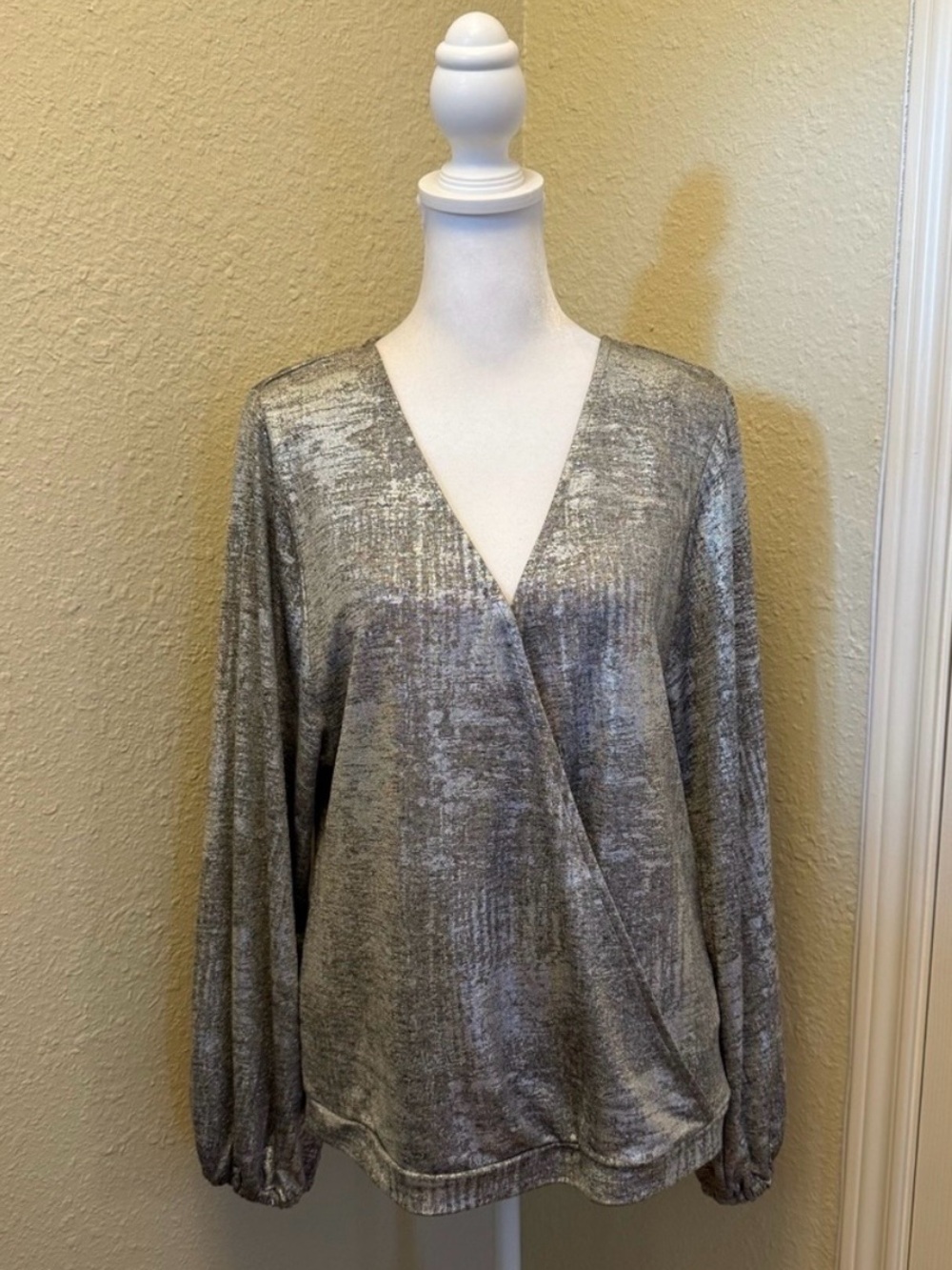 Anthropologie NWT Carys Dolman Top Silver Metallic Long Sleeve Wrap Blouse M